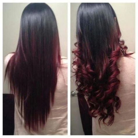 black to burgundy ombre http://www.aliexpress.com/store/product/Ombre-hair-extensions-brazilian-vigin-hair-body-wave-ombre-3-tone-color-1b-99j-Burgundy-3pcs/1268094_32261023572.html Hair With Red Highlights, Natural Dark Hair, Black Hair Ombre, Red Ombre Hair, Red Highlights, Red Ombre, Ombre Hair Color, Hair Color Dark, Love Hair