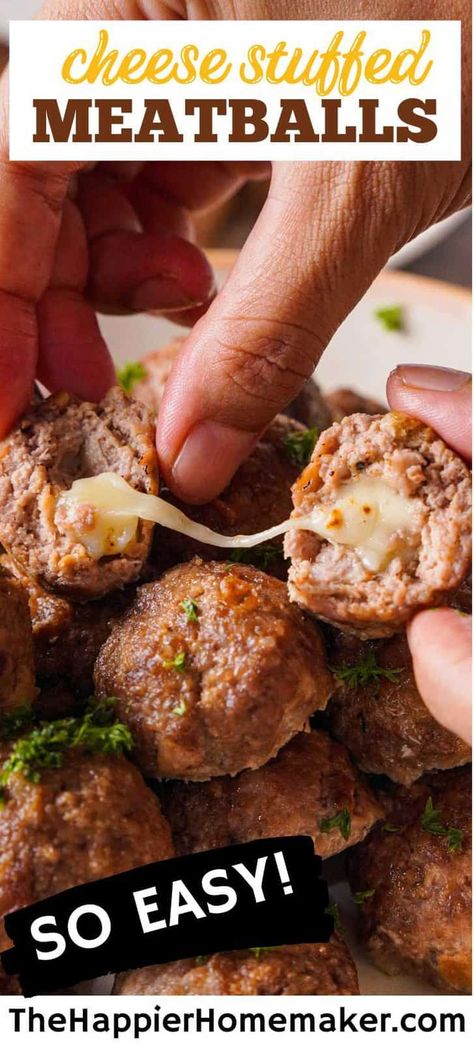 Cheese Stuffed Meatballs Appetizer, Meatball Recipes With Cheese, Meatball With Cheese Inside, Gouda Stuffed Meatballs, Cheesy Meatball Bites, Cheese Meatball Recipes, Cheeseburger Meatballs Appetizers, Mozza Stuffed Meatballs, Cheesy Stuffed Meatball Bites