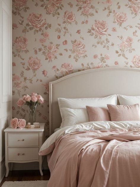 Boutique Hotel Bedroom, Roses In A Vase, Floral Wallpaper Bedroom, French Bedroom, Satin Bedding, Girly Room, Dream Room Inspiration, Dream House Interior, Rose Wallpaper