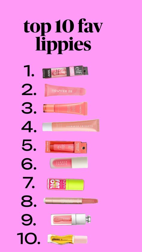 MY TOP 10 FAV LIP PRODUCTS remix and rank yourss!!! 🌟🤗‼️🌴 #preppy #preppyslay #lippie #lipgloss #summerfridays #laniege #elf #elfsqueezeme #dior #fyp #tower28 #gisou #makeup Best Lip Gloss Top 10, Best Lippies, Random Wishlist, Everyday Eye Makeup, Birthday Things, Pretty Eye Makeup, Classy Makeup, Preppy Gifts, Best Lip Gloss