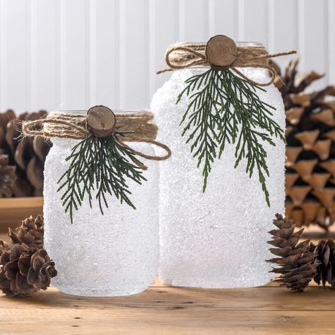 Frosted Mason Jars, Mason Jar Luminaries, Holiday Mantel, Winter And Christmas, Faux Snow, Led Tea Lights, Cottage Christmas, Christmas Mason Jars, Christmas Candle Holders