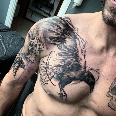 Raven Tattoo Men Chest, Crow Tattoo For Men, Tattoo Chest And Shoulder, Colorful Sleeve Tattoos, Polka Tattoo Designs, Rabe Tattoo, Crow Tattoo Design, Trash Polka Tattoo Designs, Trash Polka Tattoos