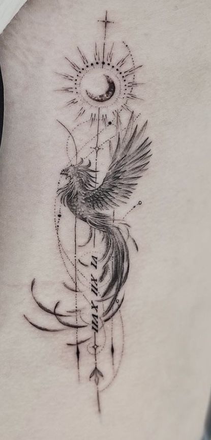 Sun Goddess Tattoo Designs, Phoenix Chakra Tattoo, Phoenix With Moon Tattoo, Moon And Pheonix Tattoo, Phönix Tattoo For Men, Phoenix With Sun Tattoo, Phoenix And Compass Tattoo, Phoenix Moon Tattoo, Phoenix Compass Tattoo