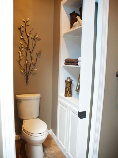 Love toilet behind pocket door & cabinet hidden Half Bathroom Storage Ideas, Bathroom Closet Designs, Bathroom Closet Remodel, Bathroom Closet Storage, Toilet Closet, Closet Remodel, Bathroom Closet, Closet Decor, Toilet Room