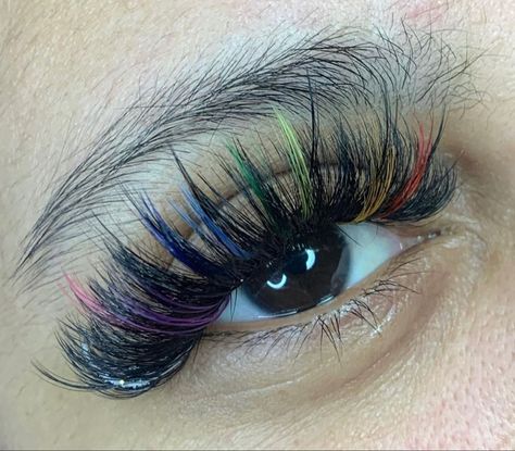 Rainbow Eyelash Extensions, Color Lash Extensions Eyelashes, Rainbow Lashes Extensions, Pride Lash Extensions, Rainbow Lash Extensions, Lashes Extensions With Color, Colorful Eyelash Extensions, Eyelash Extensions Styles With Color, Green Lash Extensions