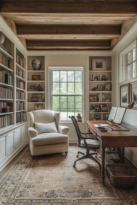 Book Shelves In Office Small Spaces, Home Office For Three People, Cottage Study Room Home Office, Office With Ladder Bookshelf, English Cottage Style Library, Colonial Office Interior, European Farmhouse Office, Office In Primary Bedroom, New England Office