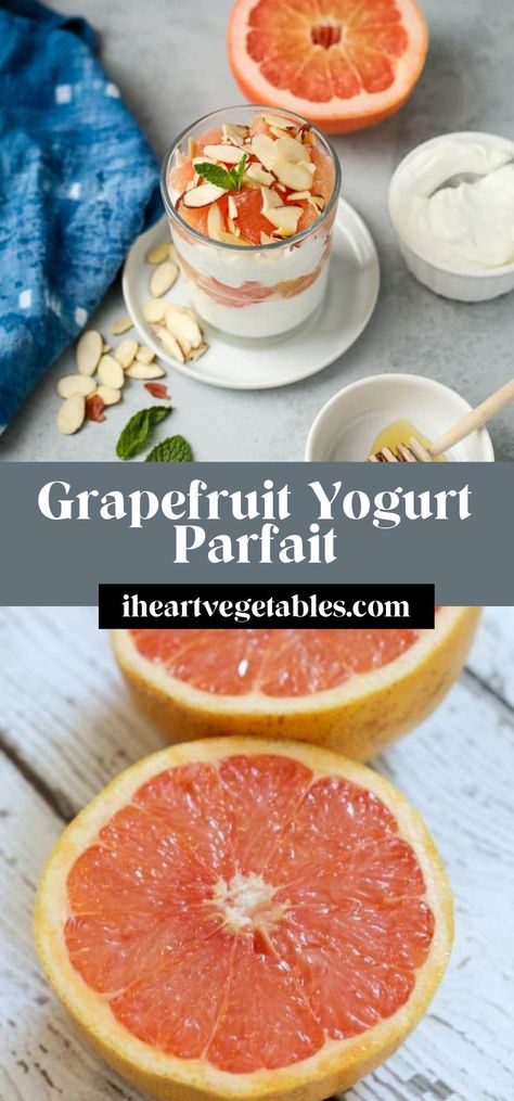 This creamy grapefruit parfait is the perfect mix of sweet and tart flavors! Topped with crunchy almond slices, this is a delicious breakfast or snack! Yogurt Bowl Recipe, Tart Flavors, Strawberry Granola, Fruit Vegetable Smoothie, Yogurt Toppings, Almond Granola, Vegetarian Breakfast Recipes, Quick Breakfast Recipes, Breakfast Casserole Easy