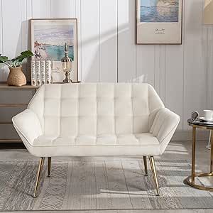 ZSARTS 48 inch Small Loveseat for Small Space, Modern Mini Sofa Couch Upholstered High Wingback Chair Velvet Settee Bench with Back 2-Seat Armchair for Bedroom Living Room, Cream Small Couch In Bedroom, Divan Cama, White Loveseat, Mid Century Modern Couch, Small Loveseat, Club Sofa, Mini Couch, Mini Sofa, Small Couch