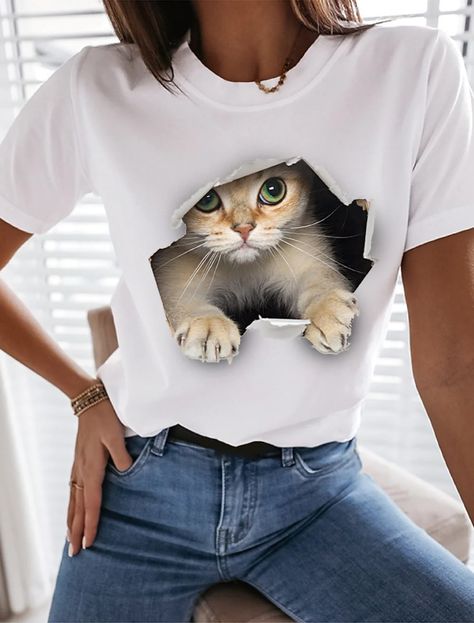 Women's 3D Cat T shirt Cat Graphic 3D Print Round Neck Tops 100% Cotton Basic Basic Top White Black 8521634 2021 – $9.89 Kristina Webb, Fashion Funny, Cat Graphic Tee, Short Sleeve Shirt Women, Funny Tee Shirts, Cat Graphic, Sleeve Fashion, Womens Tops Summer, Round Neck Tops