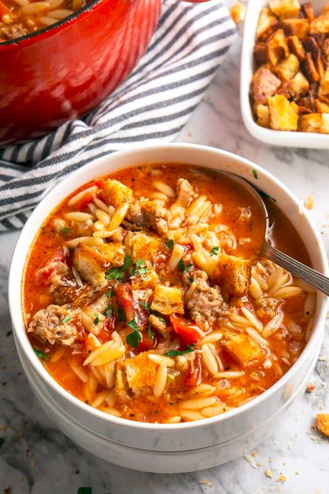 Italian Sausage Orzo Soup, Sausage Orzo Soup, Italian Sausage Orzo, 30 Minute Soup Recipes, Sausage Orzo, Italian Soup Recipes, Soup Instant Pot, Italian Sausage Soup, Italian Sausage Recipes