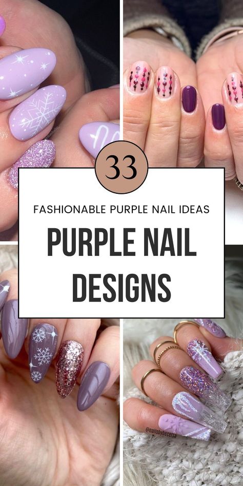 Dive into 33 bold nail designs purple perfect for your next holiday party. From almond nails with purple glitter to cute simple gel designs, these ideas will make your nails stand out. Add lavender or pink touches for a creative twist. Pin this to Purple Glitter Nails and visit the article for more! Lavender Snowflake Nails, Silver And Lavender Nails, Nail Designs With Purple, Lavender Acrylics, Purple Holiday Nails, Simple Gel Designs, Purple Almond Nails Design, Cute Purple Nail Designs, Soft Purple Nails