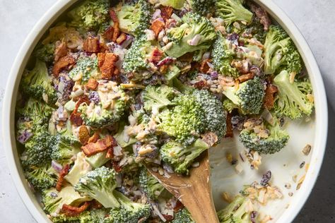 My Make-Ahead Broccoli-Bacon Salad Is So Good, My Friends Require I Bring It to Everything Loaded Broccoli Salad, Cookout Dishes, Loaded Broccoli, Broccoli Salad Bacon, Veggie Casserole, Popular Side Dishes, Broccoli Salad Recipe, Potato Toppings, Bacon Salad