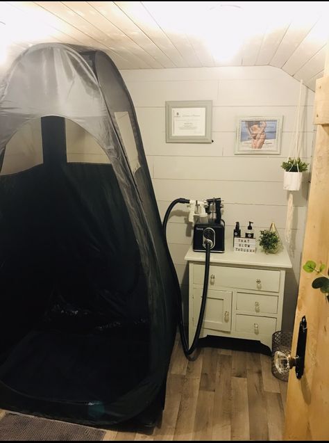 Spray Tan Set Up At Home, Home Tanning Room Ideas, Spray Tan Home Studio, In Home Spray Tan Room, Home Spray Tan Room, Home Spray Tan Studio, Spray Tan Studio Decor, At Home Spray Tan Room, Spray Tan Salon Ideas