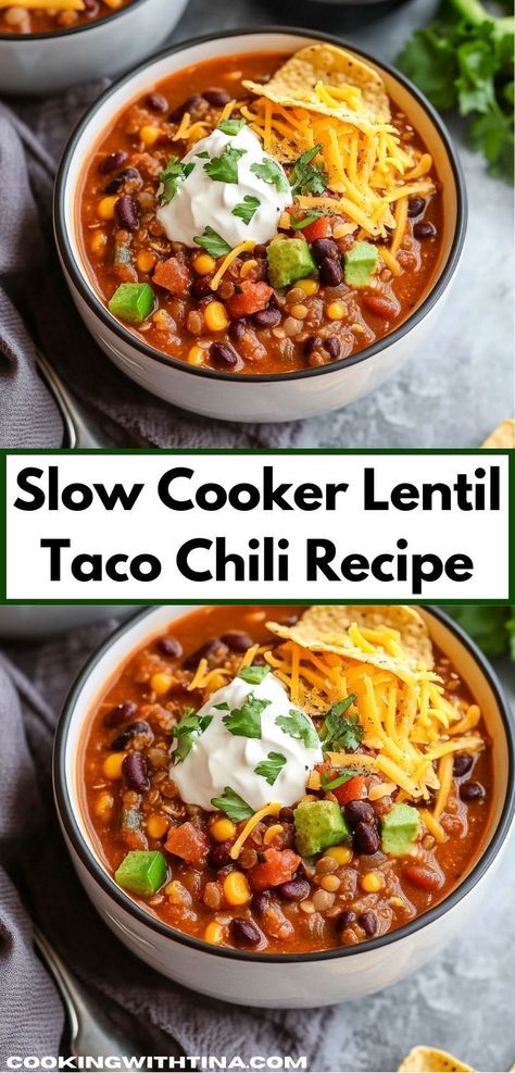 Searching for a family-friendly dinner? This Slow Cooker Lentil Taco Chili is not only simple to make but also bursting with flavor, ensuring everyone at the table will love this hearty and nutritious meal. Taco Chili Recipe, Lentil Chili Recipe, Slow Cooker Taco, Taco Chili, Lentil Tacos, Slow Cooker Lentils, Lentil Chili, Best Chili Recipe, Hearty Chili