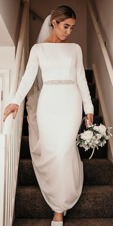 modest wedding dresses sheath with long sleeves simple elegant beaded belt mikaella bridal