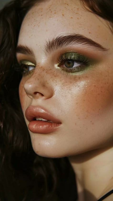 Glowy Green Makeup, Makeup For Green Eyes Fair Skin, Best Makeup Looks For Green Eyes, Summer Makeup Looks Colorful, Fun Green Makeup, Soft Green Eye Makeup, Natural Green Makeup, Green Shadow Makeup, Light Green Makeup