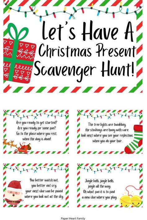 Christmas Day Scavenger Hunt For Kids, Scavenger Hunt Clues Christmas, Christmas Present Hunt Clues, Christmas Eve Scavenger Hunt For Kids, Advent Scavenger Hunt For Kids, Gift Scavenger Hunt Ideas For Kids, Disney Christmas Scavenger Hunt, Christmas Eve Scavenger Hunt, Christmas Gift Scavenger Hunt For Kids