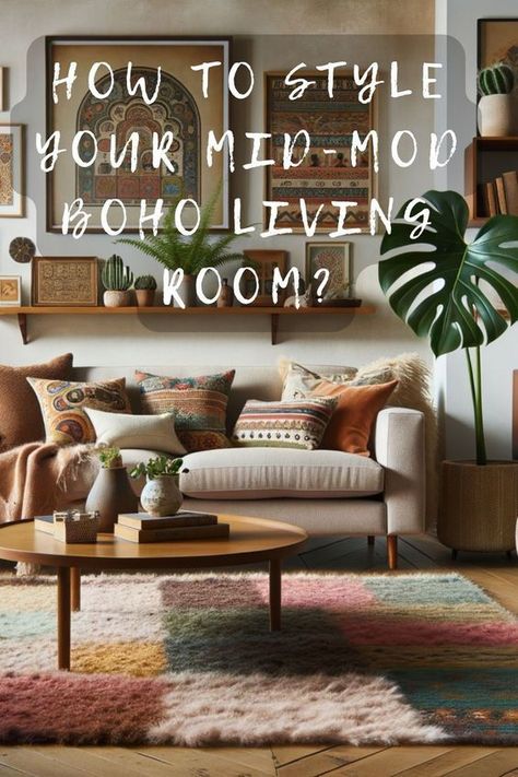 Soft Boho Living Room, Mid Century Bohemian Decor, Bohemian Family Room, Boho Living Room Shelves, Mid Mod Boho Living Room, Fun Living Room Ideas Creative, Boho Reading Room Ideas, Boho Living Room Leather Couch, Modern Boho Living Room Grey Couch