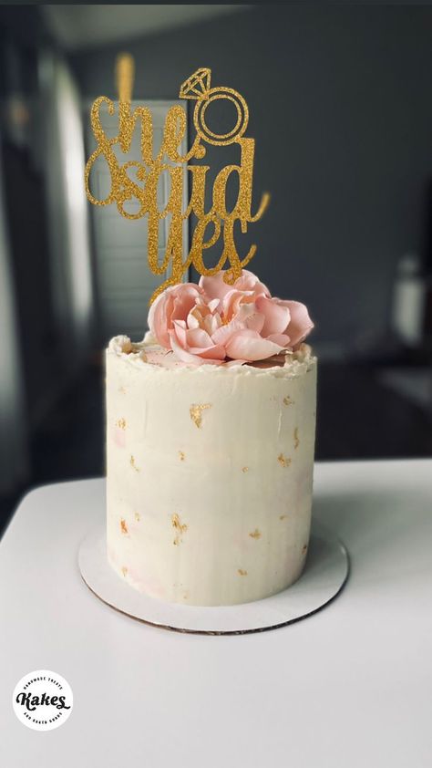 white cake with gold accents and pink florals Cake She Said Yes, Cake With Gold Accents, Cake With Gold, Engagement Cakes, She Said Yes, White Cake, She Said, Custom Cakes, Vanilla Cake