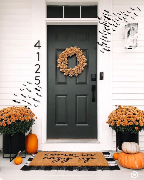 Modern Farmhouse Home Decor on Instagram: “Are you team spooky fall decor or team traditional? 🖤 I usually wait until a week or two before Halloween to break out the spooky decor 👻” 2022 Interior Design Trends, Herringbone Floor Pattern, Halloween Front Door, Calming Interiors, Halloween Front Doors, Hidden Spaces, Spooky Fall, Modern Farmhouse Home Decor, Modern Farmhouse Home