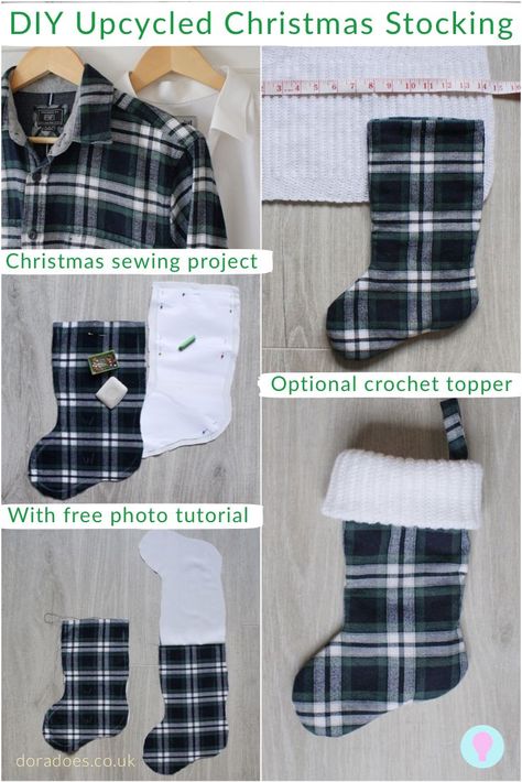 Stocking Crochet, Christmas Stockings Sewing, Crochet Topper, Upcycled Christmas, Cuff Pattern, Diy Stockings, Shirt Tutorial, Christmas Sewing Projects, Christmas Stockings Diy