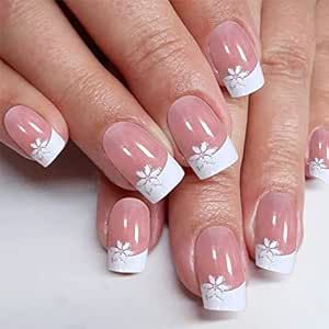 YOSOMK French Tip Press on Nails Short Stick on Acrylic Nails Square Fake Nails with Flower Design Glossy Glue on False Nails for Women Acrylic Nails Square, French Tip Press On Nails, Press On Nails Short, Pinterest Nails, Flower Nail Designs, Nails Square, White Nail Designs, Nails For Women, Flower Nail Art