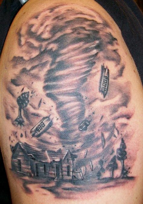 tornado_tattoo_by_dripe-d4f34o6 Twister Tattoo Ideas, Disaster Tattoo, Tornado Tattoo, Half Sleeve Tattoo Stencils, Storm Tattoo, Phoenix Tattoos, Tornado Damage, Family Tree Tattoo, Black Art Tattoo