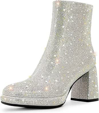 Sparkle Boots, Glitter Wedding Shoes, Sparkly Boots, Rhinestone Boots, Shoes Wedding, Glitter Shoes, Chunky Block Heels, Ankle Bootie, Boots For Women