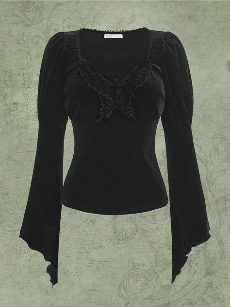 Black Long Sleeve Goblincore Top, Goth Long Sleeve Shirts, Fitted Gothic Long Sleeve Shirt, Black Fitted Gothic Shirt, Fairycore Butterfly, Goth Bell Sleeve Top, Goth Tops, Goth Outfit Inspo, Goth Shirt