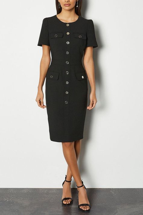 The season's utility trend is redefined with a polished and refined feel, as seen on this figure-enhancing midi dress.. Fitting every inch of your frame to perfection, this piece of tailoring is versatile enough to be worn all day thanks to its button-detail flap pockets and back-vent skirt that'll offer ease of movement. Black Work Dresses, Utility Dress, Sequin Dresses, Midi Pencil Dress, Black Dress Formal, Luxury Dresses, Tailored Shorts, Work Wear Women, Karen Millen