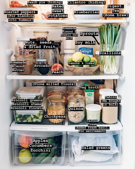 Swipe to see a crazy amount of labels 🙈 but I get asked often what is in all of the containers in my fridge, so here ya go! 😉—Not shown: on the counter is a bowl of peaches, bowl of cherry tomatoes, a tower of bananas, and ripening avocados. And jars of shucked corn in the freezer 🙌🏻🌽.—Our fridge and counter tops are living areas in our home, meaning they are in constant rotation and flux! We eat, we soak, we cook, we swap, we move around as things ripen - it’s a beautiful dance throughout Pasti Fit, Healthy Fridge, Lots Of Food, Makanan Diet, Fridge Organization, Idee Pasto Sano, Organizing Ideas, Stuffed Sweet Peppers, Camping Meals