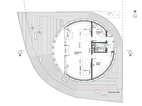 Gallery of Plainfaing Tourist Office (88) / Studiolada - 19 Circular Office Design, Circular Office Plan, Architecture Office Plan Layout, Circular Hotel Plan, Circular Airport Plan, Office Layout Plan, Indoor Trellis, Larch Cladding, Tourist Office