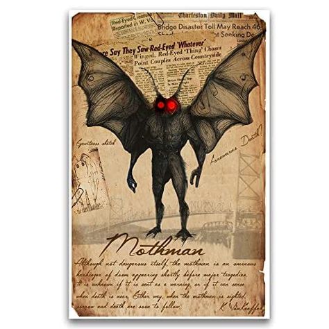 Mothman urban legend art print, myths monsters and folklore, cryptid bestiary art Magical Creatures Mythology, Cryptid Art, The Mothman, Surprise Present, Myths & Monsters, Folklore Art, Bars Of Soap, Urban Legend, Science Journal