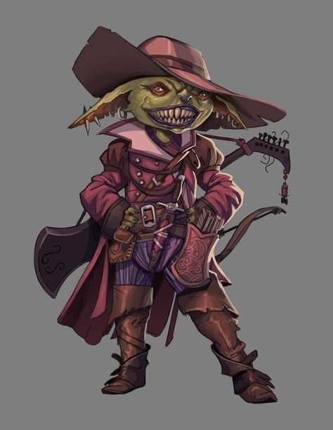 Grinwink, Todd Ulrich on ArtStation at https://www.artstation.com/artwork/KaEVx4 Bard Rogue, Goblin Bard Dnd, Pathfinder Goblin, Goblin Bard, Pathfinder Character, Dungeons And Dragons Art, Fantasy Races, Dnd Art, Dungeons And Dragons Characters