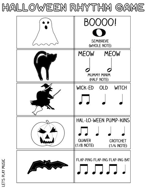 Let's Play Music : Halloween Rhythm Sheet - Match the Halloween character to the musical note value in this fun, educational game! Halloween Music Worksheets, Halloween Music Class, Halloween Music Lessons, Music Therapy Activities, Free Music Worksheets, Lets Play Music, Kindergarten Music, Halloween Songs, Halloween Character