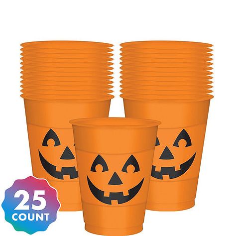 Jack-o-Lantern Cups 25ct  Party City Halloween Decorating Themes, Halloween Parejas, Pong Game, Pumpkin Cups, Glow Bracelets, Kid Friendly Halloween, Halloween Party Decorations, Costumes Diy, Halloween Tableware