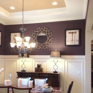 Dark Purple Chair Rail And Picture Frame Molding Dining Room, Plum Dining Room, Purple Dining Room Walls, Purple Dining, Plum Walls, Purple Dining Room, Purple Living Room, Living Room Wall Color, Room Wall Colors