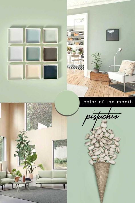 COLOR OF THE MONTH | A refreshing uplift with Pistachio Green and other pale greens – part 1  #green #colortrends Light Green Living Room, Light Green Interior, Green Color Trends, Sunroom Inspiration, Green Walls Living Room, Light Green Walls, Green Painted Walls, Color Of The Month, Dekorasi Kamar Tidur