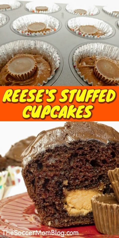 Stuffed Cupcakes Easy, Pb Cake, Reeses Desserts, Reeses Peanut Butter Cupcakes, Stuffed Cupcakes, Amazing Cupcakes, Peanut Butter Cups Recipe, Chocolate Peanut Butter Cupcakes, Reese's Chocolate