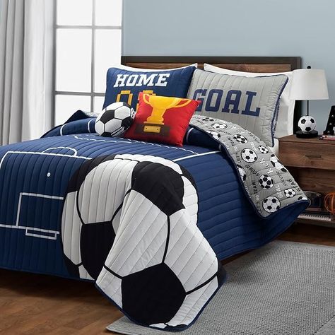 Amazon.com: Lush Decor Soccer Game Reversible Oversized Kids 5 Piece Quilt Set, Full/Queen, Navy & Gray : Home & Kitchen Soccer Room Ideas, Soccer Themed Bedroom, Soccer Bedding, Soccer Blanket, Soccer Bedroom, Sports Themed Bedroom, Boy Bathroom, Football Bedroom, Soccer Room