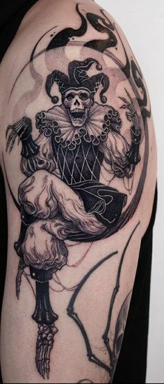 Dark Circus Tattoo, Dark Libra Tattoo, Creepy Mandala Tattoo, Creepy Sleeve Tattoo, Macabre Tattoo Ideas, Dark Jester Tattoo, Scary Tattoos For Men, Jester Tattoo Design, Gothic Arm Tattoo