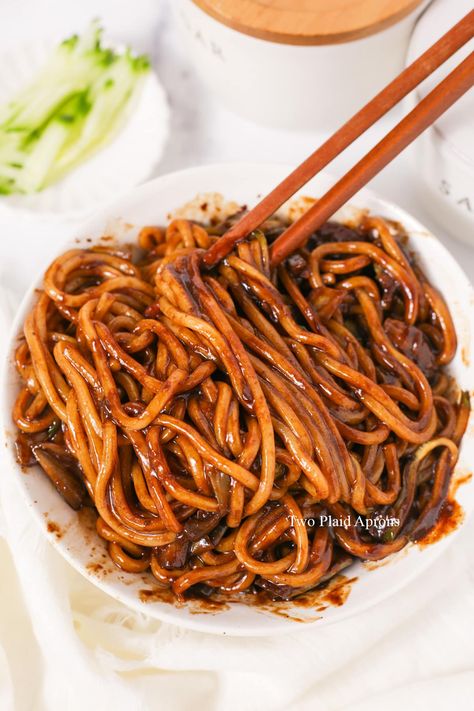 Jajangmyeon (Korean Black Bean Noodles) | Two Plaid Aprons Jajangmyeon Recipe, Korean Noodle Dishes, Shrimp With Lobster Sauce, Black Bean Noodles, Bean Noodles, Cucumber Kimchi, Turnip Cake, Lobster Sauce, Plaid Apron