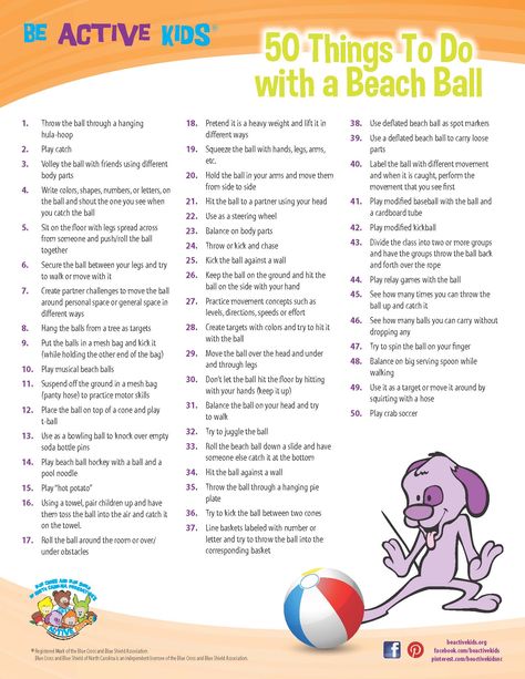 PDF Printable 50 Things to Do with a Beach Ball Physical Activity Ideas Ball Activities, Health Printables, Beaver Scouts, Kid Yoga, Pe Activities, Boys Play, Kids Fitness, Pe Ideas, Pediatric Physical Therapy