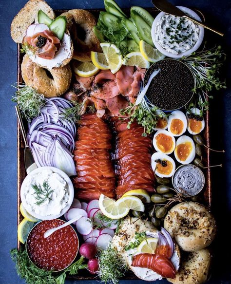 Breakfast Grazing Table, Caramelized Onion Galette, Onion Galette, Salmon Carpaccio, Caramelized Onions Recipe, Charcuterie Gifts, Buffet Ideas, Salmon Roe, Fish Platter