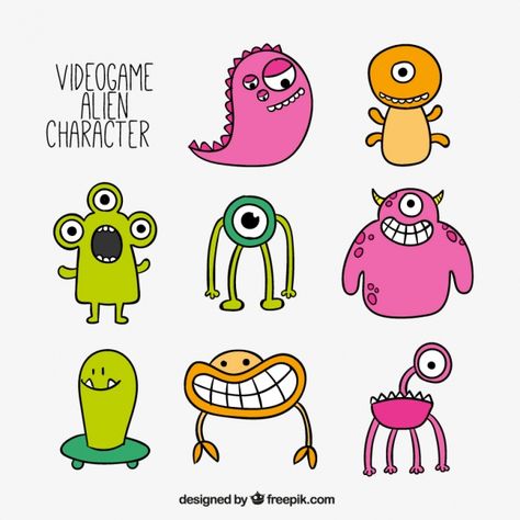 Collection of hand-drawn alien Free Vector Cartoon Monsters Drawing, Aliens Cartoon, Alien Illustration, Alien Games, Alien Cartoon, Cartoon Alien, Cute Monsters Drawings, Alien Drawings, Doodle Characters