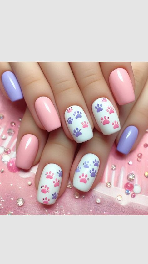 Short Cat Nails Acrylic, Animal Nails Cute, Simple Kids Nail Designs, Cute Kids Nails Ideas, Nail Ideas Cat, Kid Nail Designs Cute, Puppy Nails Designs, Cute Nail Designs For Kids, Cat Paw Nails