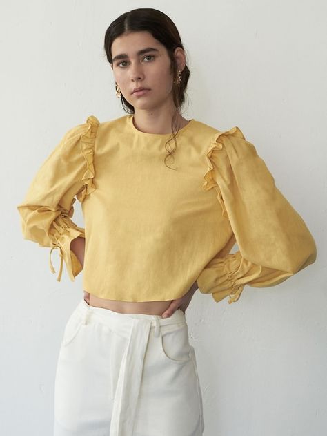 Ruffle Trim Drawstring Cuff Top | SHEIN Yellow Pastel, Cuffed Top, Top Shein, Plain Fabric, Summer Blouses, Mellow Yellow, Shein Style, Pop Fashion, Blouse Styles