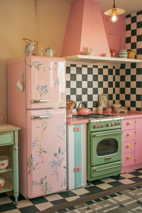 Go Maximalist with Granny Core House Decor Kitsch Kitchen Decor, Kitsch Furniture, Painted Stove, Kitsch Aesthetic, Kitsch Home, Polka Dot Curtains, Kitchen Elements, Colorful Homes, 50s Kitchen