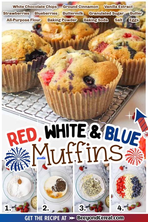 These red white and blue muffins are a great treat for any occasion but they're especially fitting for patriotic holidays like Memorial Day and the Fourth of July! 4th Of July Muffins, Veterans Day Brunch Ideas, Red White And Blue Brunch, Red White And Blue Breakfast, Fourth Of July Breakfast Ideas, Fourth Of July Breakfast, Blue Muffins, Red White And Blue Food, Blue Muffin