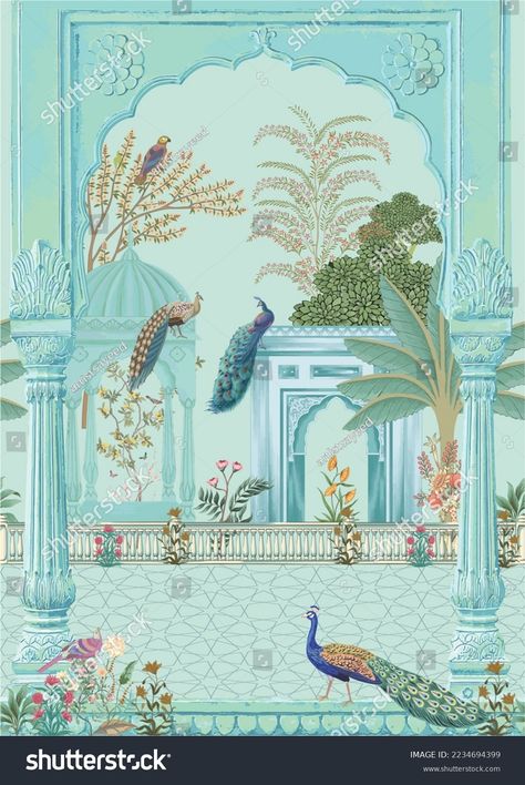 Mughal Garden, Lotus Vector, Indian Wedding Invitation Card Design, Peacock Wallpaper, Mughal Art Paintings, Garden Illustration, Pichwai Paintings, Plant Vector, Indian Folk Art